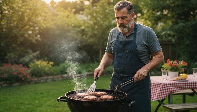 Middle-aged man grilling burgers outdoors in backyard garden  