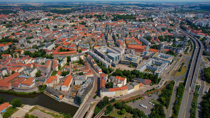A panoramic aerial view of the city Halle an der Saale in Germany on a sunny day in spring