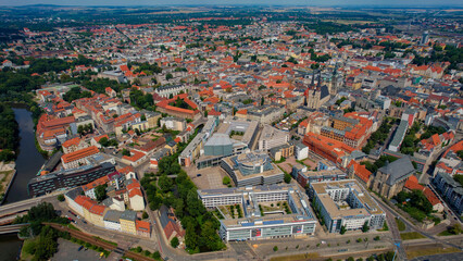 A panoramic aerial view of the city Halle an der Saale in Germany on a sunny day in spring