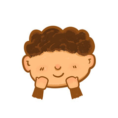Cute cartoon boy face icon with curly hair and smiling expression for kids design