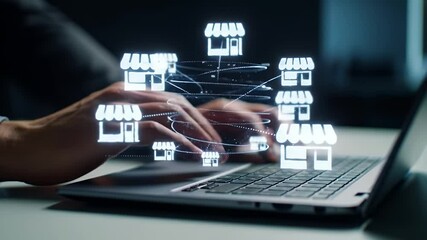 Businessman Typing on Laptop with Holographic Franchise Network Displayed in the Office Setting