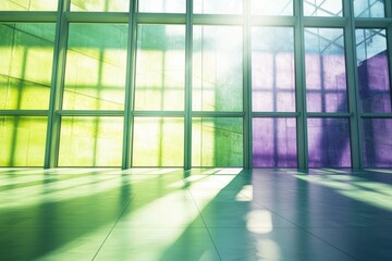 Colorful sunlight streams through modern windows creating abstract light and shadow patterns on walls and floor