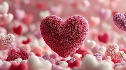 Obraz premium Floating Granular Heart Emojis in Blush Pastel Mist | World Emoji Day Digital Romance Symbols