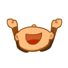 Happy boy cartoon illustration of a cute kid character smiling with hands up showing spirit and excitement perfect for motivation design element or children sticker mascot