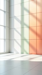 Modern Empty Room with Colorful Wall and Sunlight modern wall sunlight room empty room interior minimalist window shadow light abstract background white green orange color block color panel tile floor