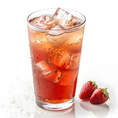 Photo of a tall glass of refreshing strawberry iced tea with ice cubes and fresh strawberries