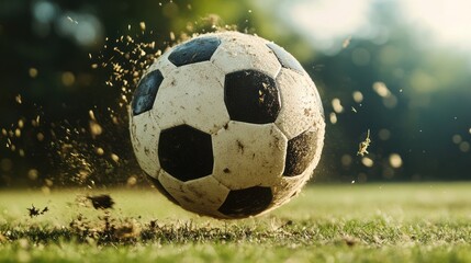Close-up capture of a soccer ball in motion amidst grass and dirt fragments
