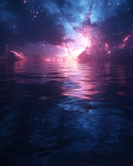 Surreal Night Seascape with Cosmic Nebula Reflection nebula night reflection cosmic surreal seascape space stars water ocean lake universe galaxy astronomy mystical fantasy dream blue pink purple dark