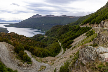 A mountain pass along route 3 overlooking a lake in Tierra del Fuego