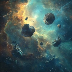 Astroid Field in a Colorful Nebula Space Scene with many rocks and cosmic dust