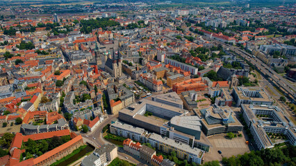 A panoramic aerial view of the city Halle an der Saale in Germany on a sunny day in spring
