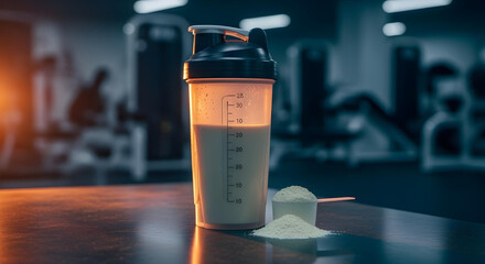 Protein shake with powder scoop and gym background