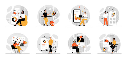 Bundle of Mobile Marketing concepts with people scene in flat cartoon design. Collection work with men and women. People making advertising content, attracting subscribers. Vector illustration
