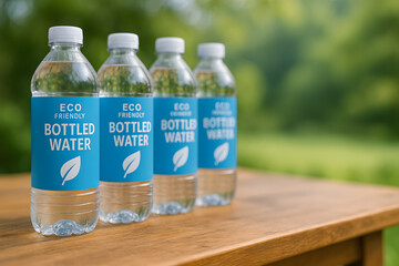 Eco friendly bottled water natural spring water bottles on wood table
