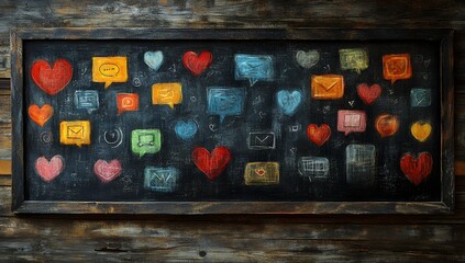 Chalkboard with colorful social media icons hearts and messages on rustic wood background