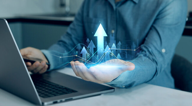 Growth graphic with rising arrows. Financial diagram graph and profit stock market chart. Business growth graph and investment analysis.Development and growth chart.	