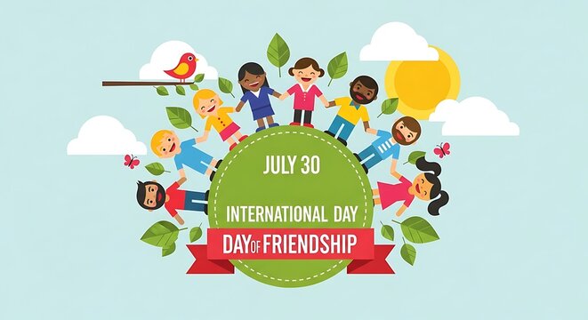 Diverse group of children holding hands in unity bathed in sunshine celebrating International Day of Friendship with