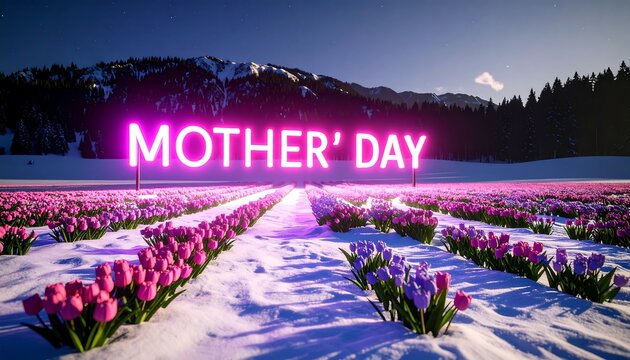 Glowing Mother Day Neon Sign in Vibrant Pink and Purple Tulip Field Covered in Snow with Mountains and Night Sky