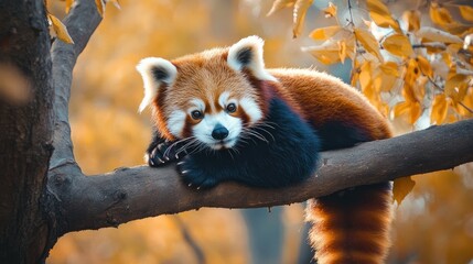 Red panda resting on a branch in autumn foliage