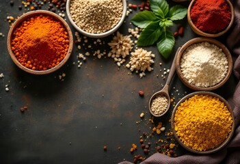 Colorful Spice Powders and Grains in Wooden Bowls.