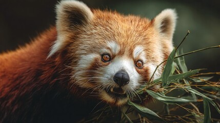Obraz premium close-up of a red panda munching bamboo, color tones: rust red, forest green, and ivory white