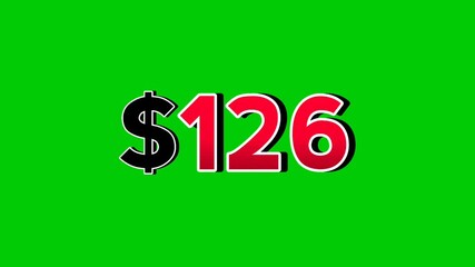 Animation number $126 dollar sign motion graphics, red font with white and black outlines green screen background vibrant red numbers. Video 3D effect with shadows for video elements business concept