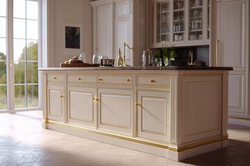 A luxurious kitchen island stands as a centerpiece of culinary artistry, combining elegance and functionality within a bright, airy space.