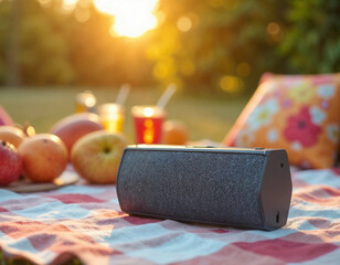 Picnic scene with a speaker, fruit, and drinks, bathed in the warm sunset light.