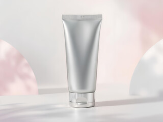 A silver cosmetic tube on a white surface with a soft pink and white background.