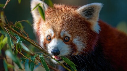 close-up of a red panda munching bamboo, color tones: rust red, forest green, and ivory white