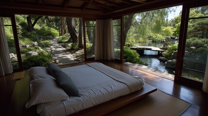 A serene bedroom opens up to a tranquil Japanese garden, creating a space for peace and harmony. The natural light of the outside world infuses the interior with a sense of tranquility.