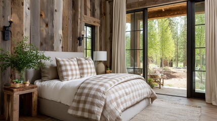 A cozy bedroom with rustic wooden walls and an inviting bed, seamlessly blends interior comfort with the beauty of the outdoors, as a large glass door reveals a verdant forest view.
