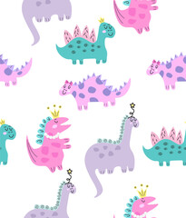 A pattern of cute dinorosaurs on a white background.