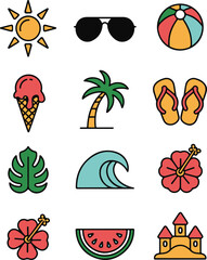 Summer Vacation Icon Set | Beach, Ice Cream, Sunglasses, Palm Trees

