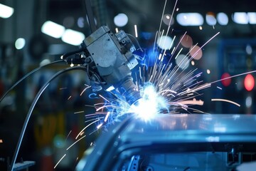 Innovative robotic assembly line performing precise welding in a modern automotive manufacturing facility