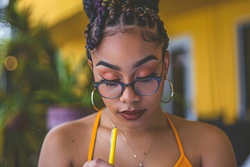 Young woman engaged in creative writing with a yellow pen in a lively outdoor setting during the day