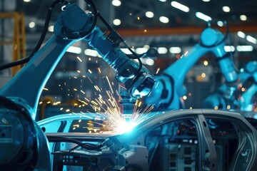 Innovative robotic assembly line performing precise welding in a modern automotive manufacturing facility
