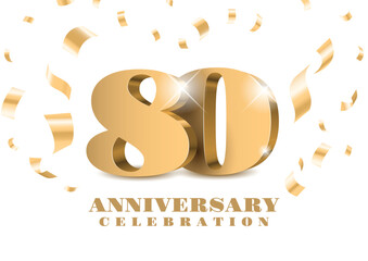 Anniversary 80. gold 3d numbers. Poster template for Celebrating 80th anniversary event party. Vector illustration