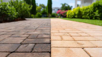 contrast between auto block slab patio paving slabs floor dirty clean pressured washed before and after cleaning 18249965 1