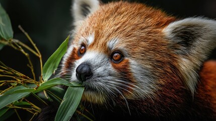close-up of a red panda munching bamboo, color tones: rust red, forest green, and ivory white