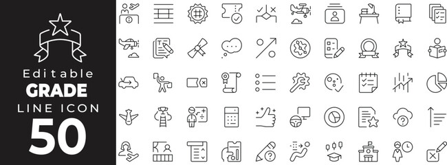 Editable stroke icon collection representing grading, evaluation, and academic performance. Includes icons like report card, A+ grade, checklist, score sheet, star rating, badge, ranking, exam paper