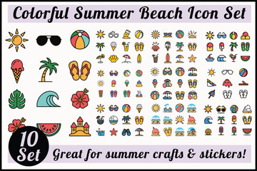 Colorful Summer Beach Icon Set