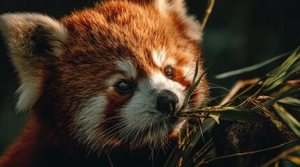 close-up of a red panda munching bamboo, color tones: rust red, forest green, and ivory white
