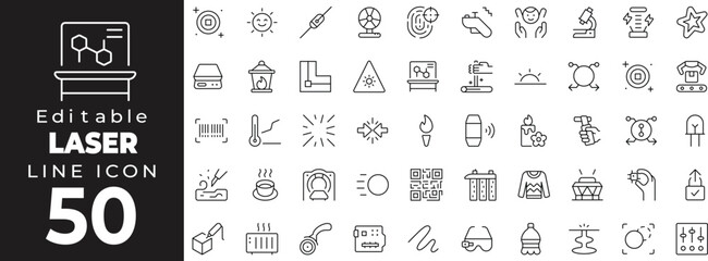 Editable stroke icons representing laser technology and applications. Includes laser beam, cutting machine, laser gun, laser pointer, safety goggles, warning sign, medical laser, barcode scanner