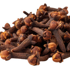 Obraz premium Close up of a pile of dried brown cloves against a white background image