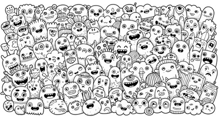 A whimsical black and white illustration featuring numerous cartoon monsters and creatures.