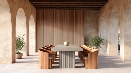A sunlit minimalist dining room features a long concrete table and wooden chairs under arched stone walls.  The warm natural light enhances the serene atmosphere.