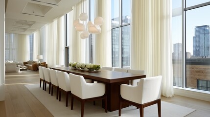 Elegant dining area with a sleek modern design. Featuring tall windows that offer a stunning city view and the room's contemporary aesthetic. 