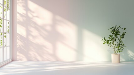 Minimalist Empty Room with Sunlight and Plant minimalist sunlight plant empty room interior shadows window potted plant green wall pink wall gradient wall modern home decor lifestyle relaxation bright