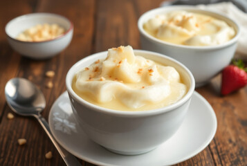 Delicious floating island dessert with whipped cream and crumbled hazelnuts